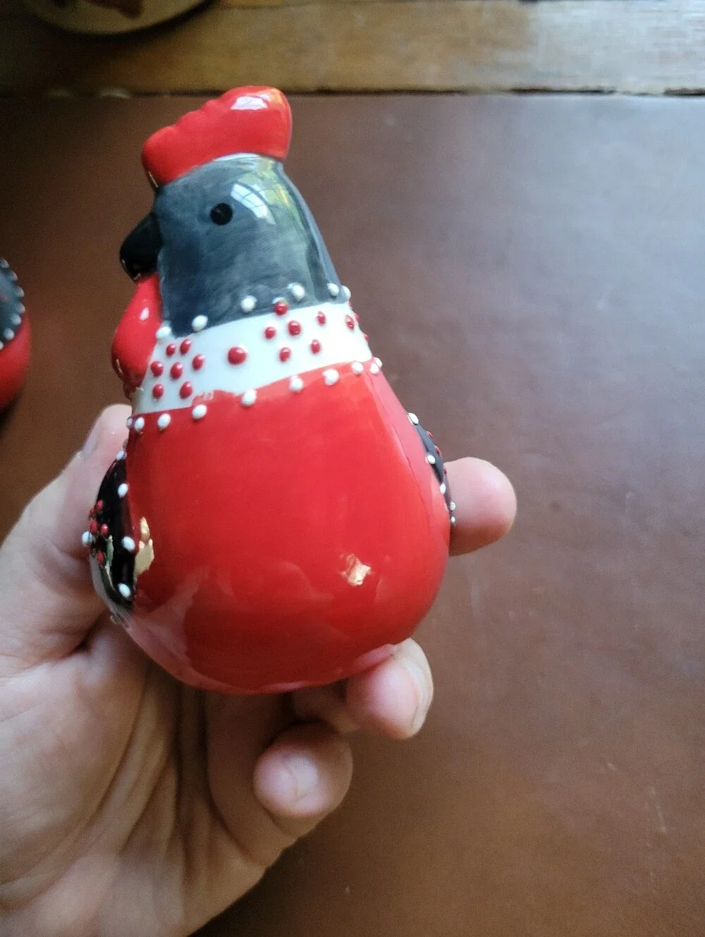 Ceramic Chicken Shaped Polka Dot Salt & Pepper Shakers Black White Red Set